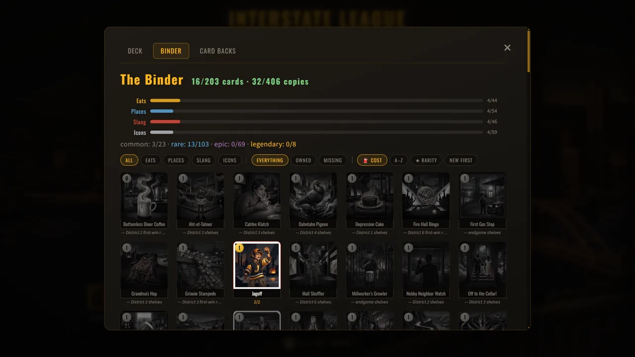 The Binder — the collection page with completion bars and the card grid