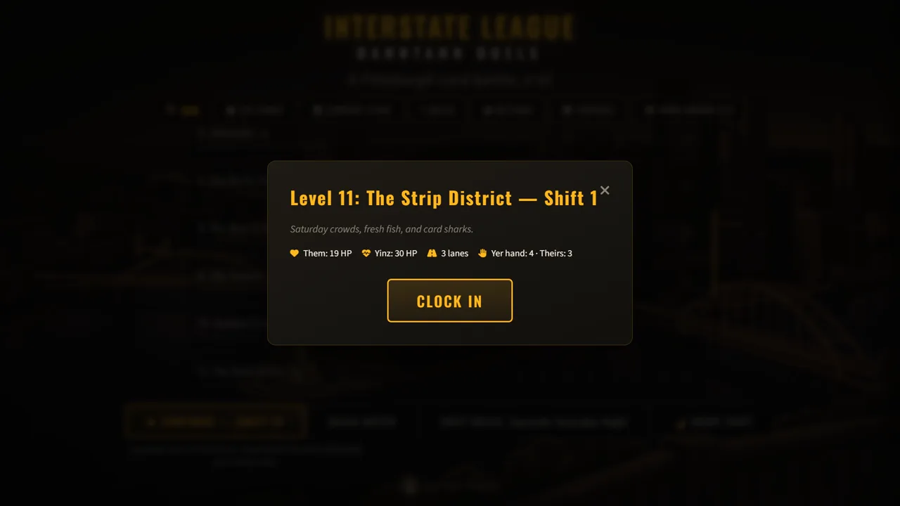 The level intro card: HP, lanes, hand sizes, and the CLOCK IN button