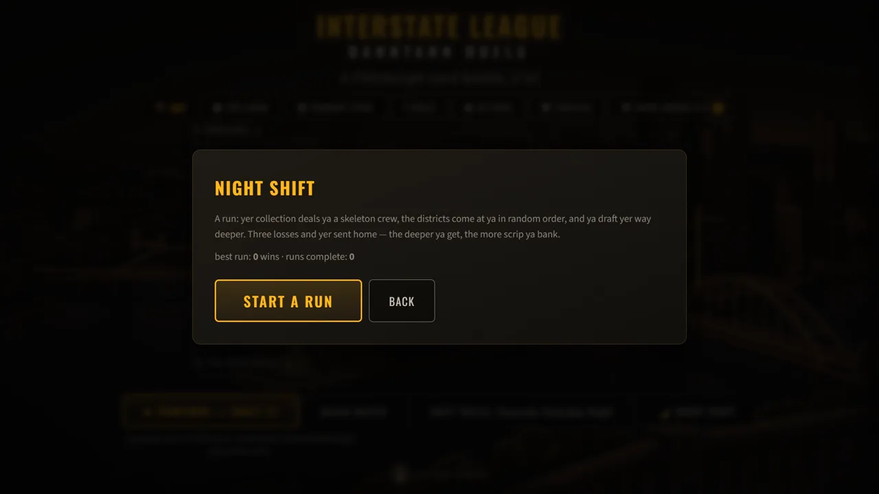The Night Shift home screen with START A RUN